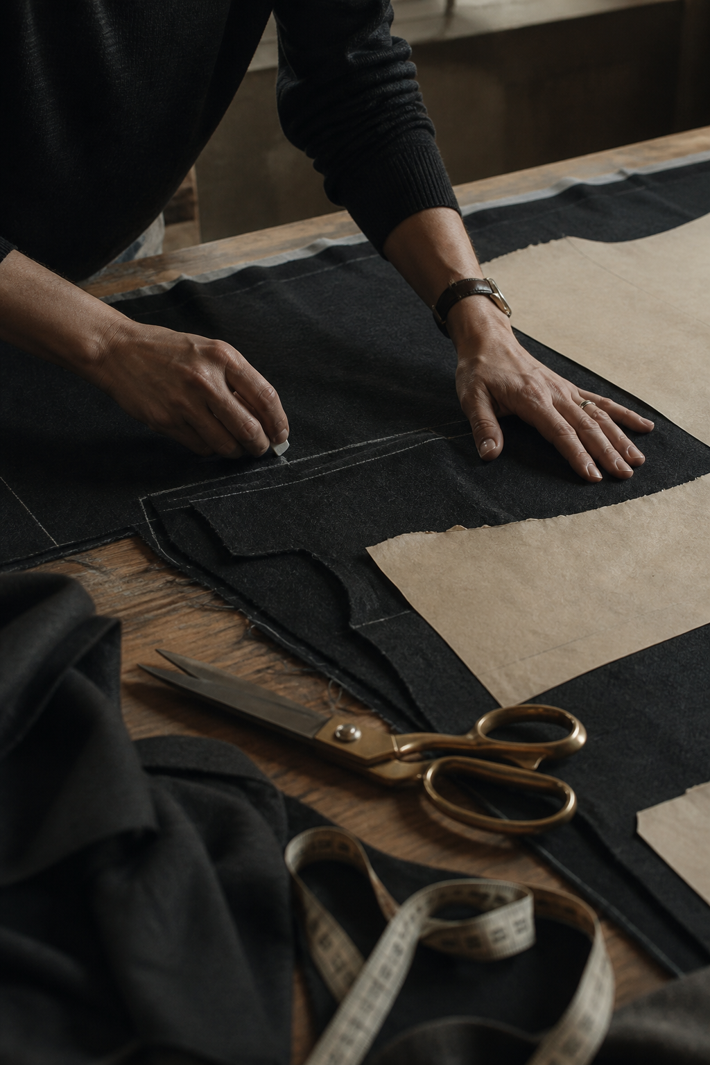 Hands marking charcoal wool on a tailoring table