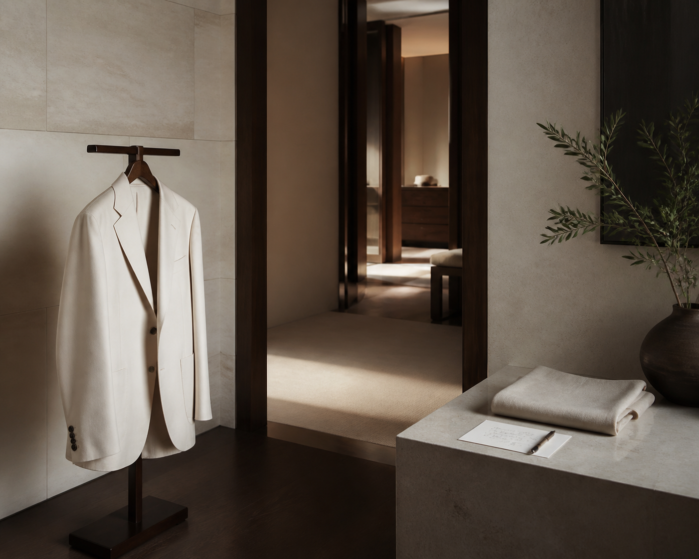 A cream tailored jacket prepared in a quiet fitting room